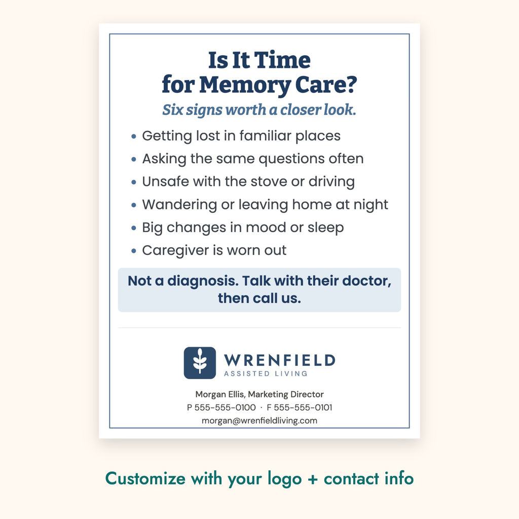Is It Time for Memory Care? Education Card – front of card shown with a sample logo