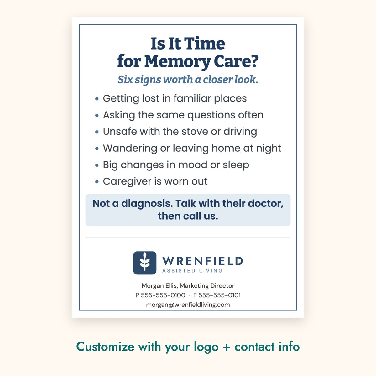 Is It Time for Memory Care? Education Card – front of card shown with a sample logo