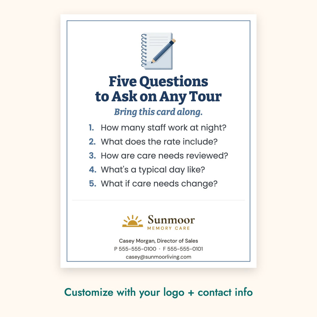 Five Questions to Ask on Any Tour Education Card – front of card shown with a sample logo