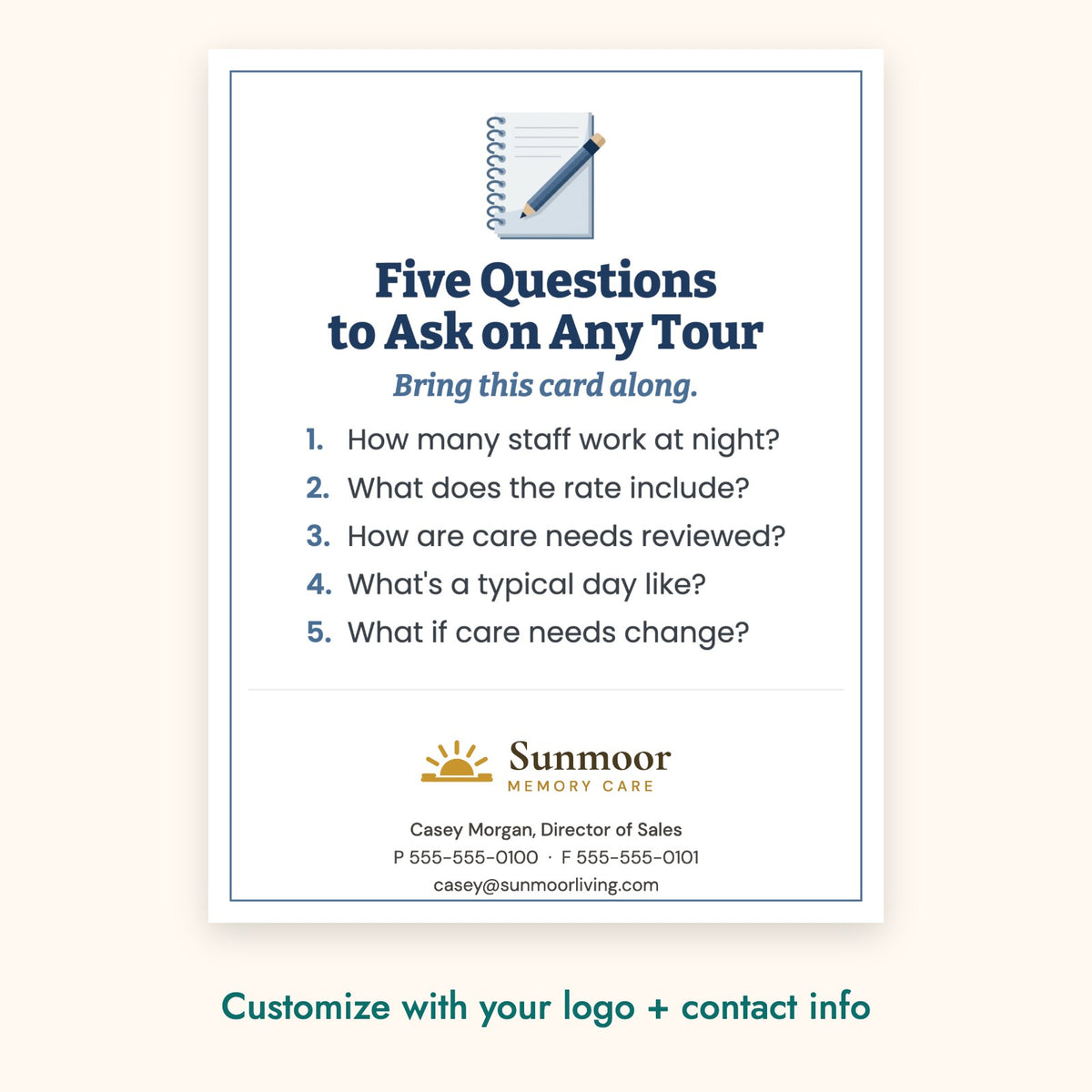 Five Questions to Ask on Any Tour Education Card – front of card shown with a sample logo