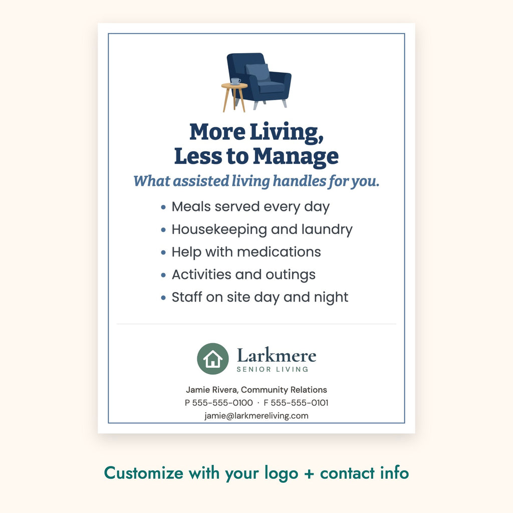 More Living, Less to Manage Education Card – front of card shown with a sample logo
