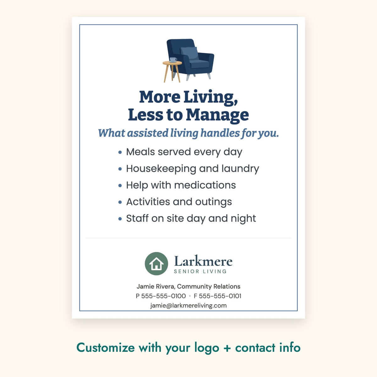 More Living, Less to Manage Education Card – front of card shown with a sample logo