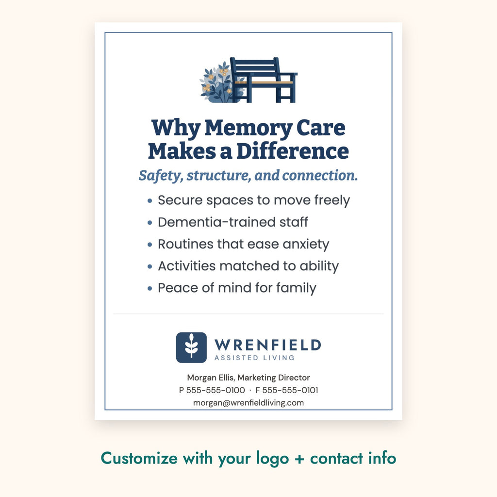 Why Memory Care Makes a Difference Education Card – front of card shown with a sample logo