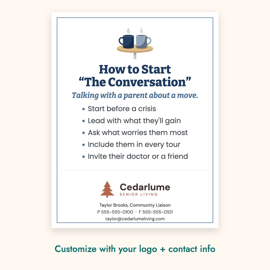 How to Start “The Conversation” Education Card – front of card shown with a sample logo
