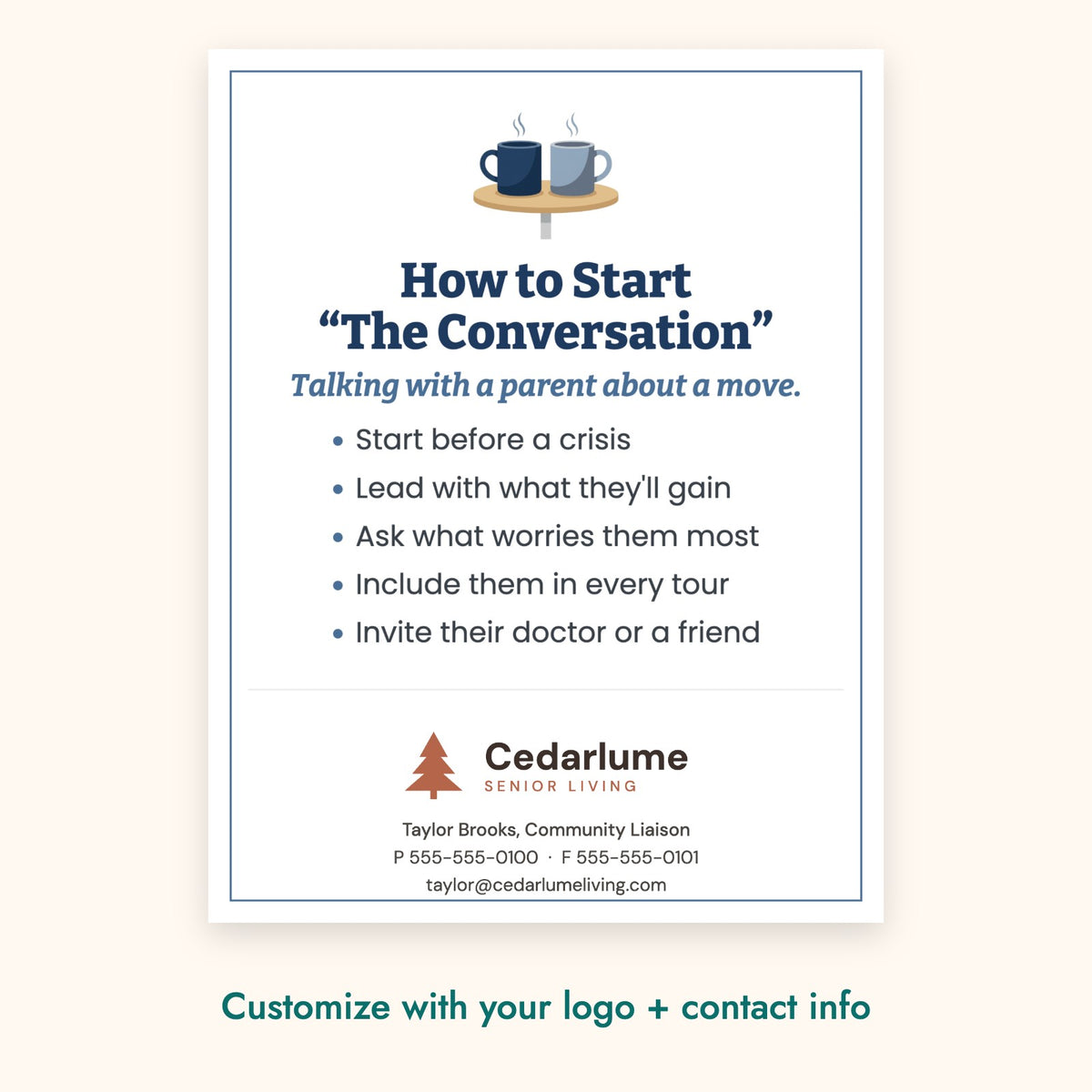 How to Start “The Conversation” Education Card – front of card shown with a sample logo