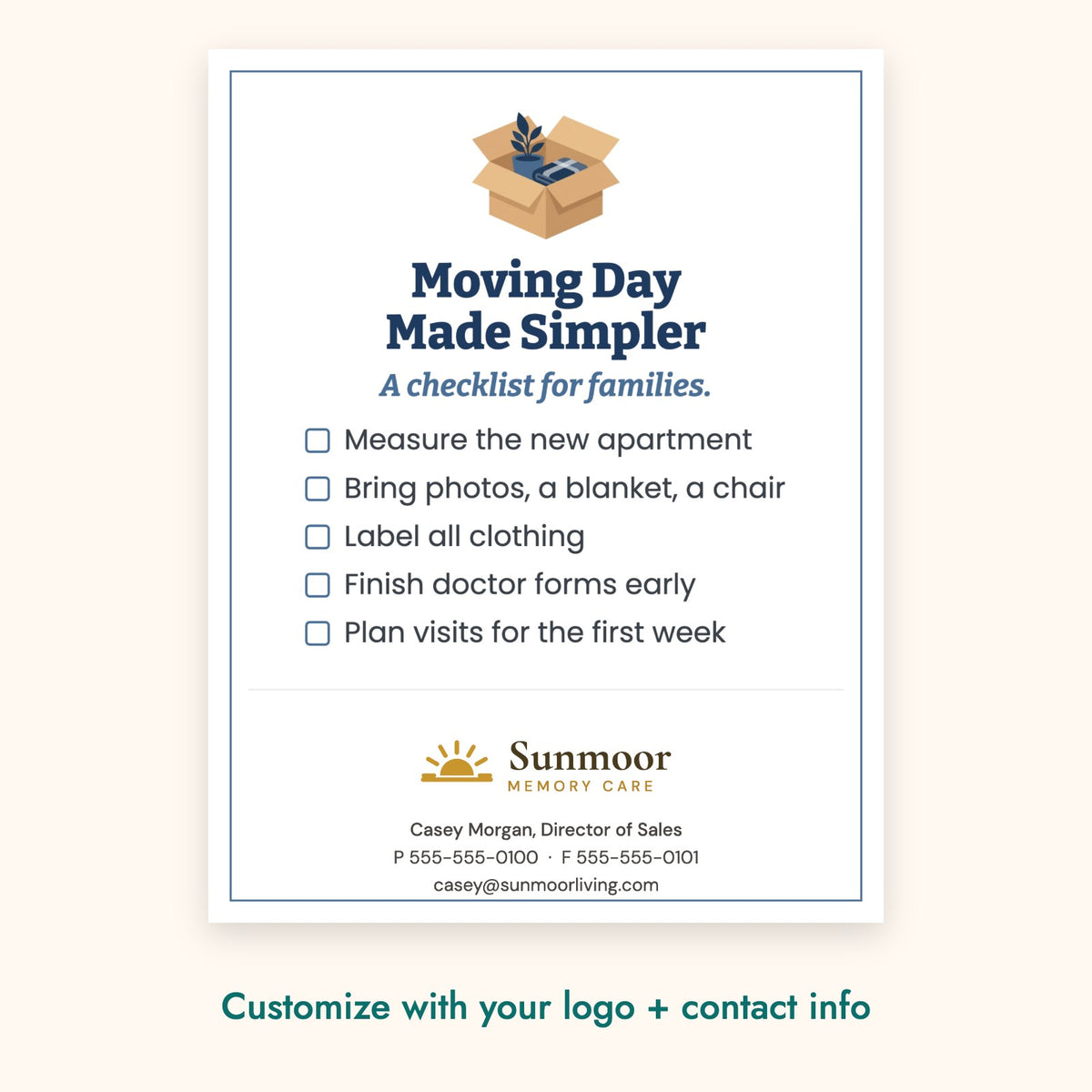 Moving Day Made Simpler Education Card – front of card shown with a sample logo