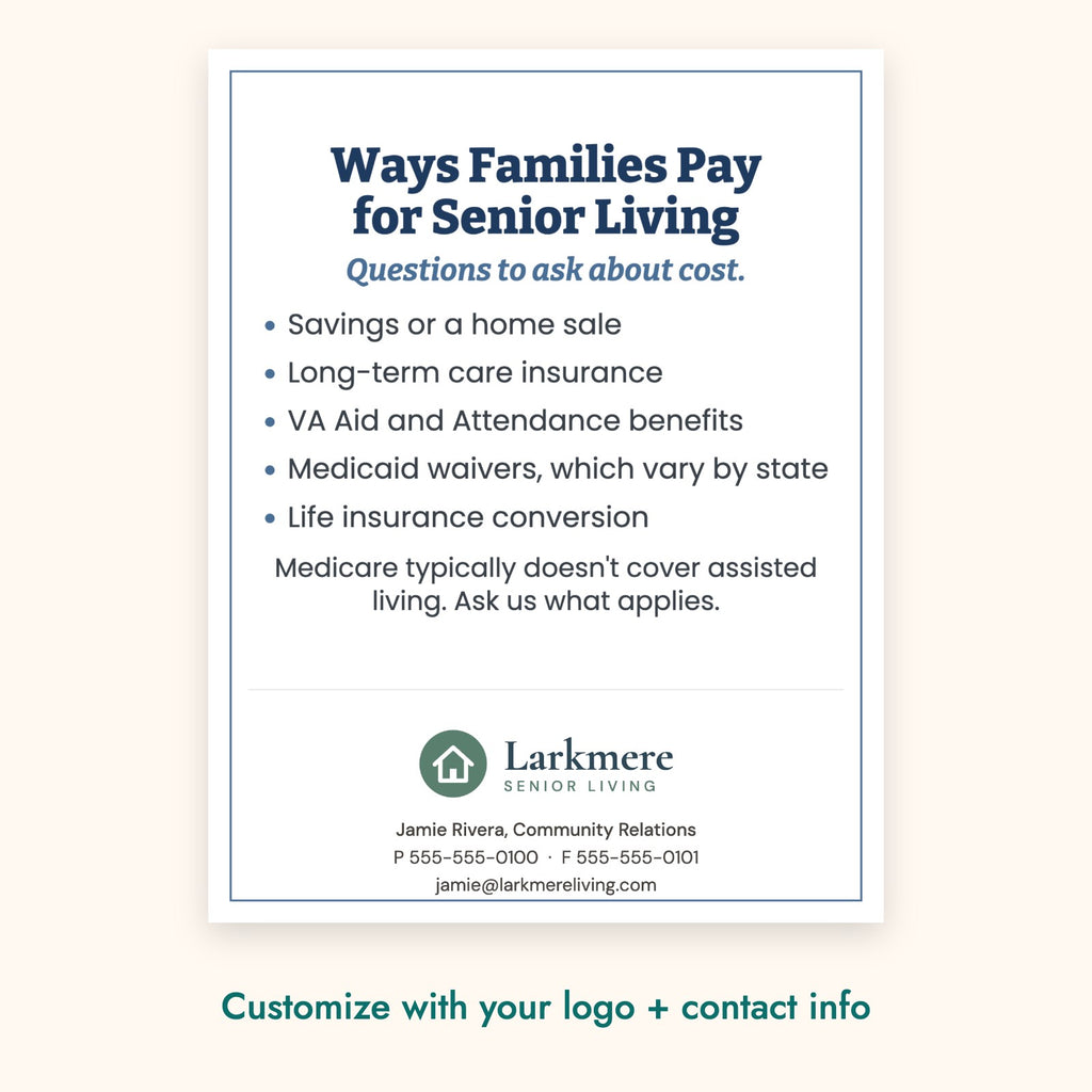 Ways Families Pay for Senior Living Education Card – front of card shown with a sample logo
