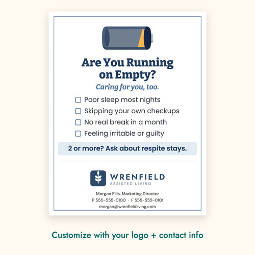 Are You Running on Empty? Education Card – front of card shown with a sample logo