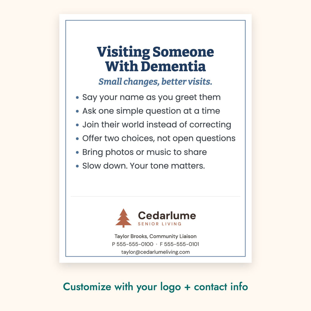 Visiting Someone With Dementia Education Card – front of card shown with a sample logo