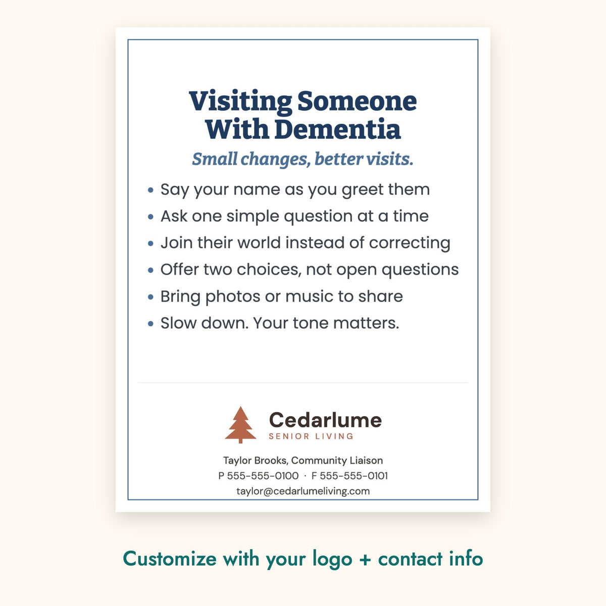 Visiting Someone With Dementia Education Card – front of card shown with a sample logo