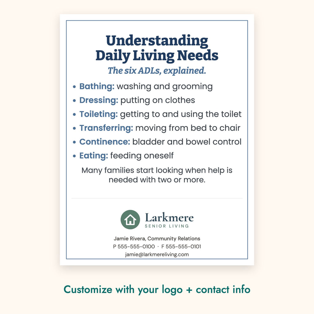 Understanding Daily Living Needs Education Card – front of card shown with a sample logo
