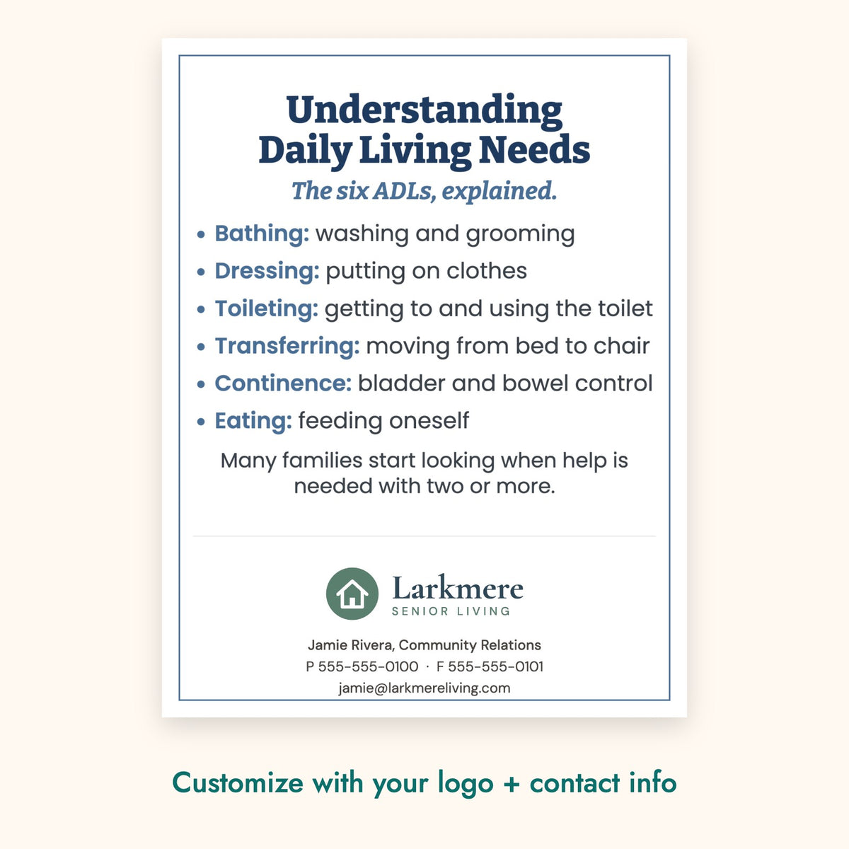 Understanding Daily Living Needs Education Card – front of card shown with a sample logo