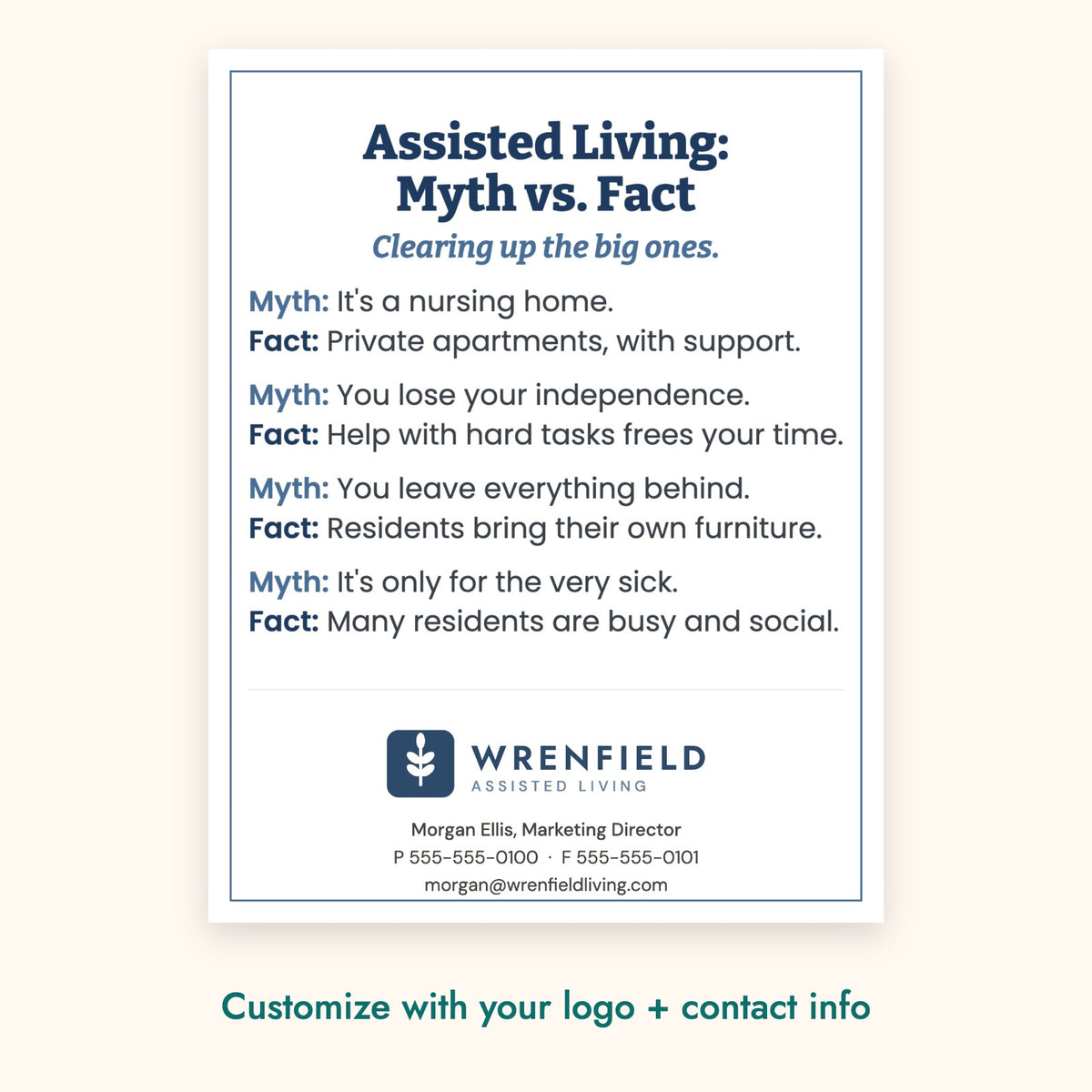 Assisted Living: Myth vs. Fact Education Card – front of card shown with a sample logo