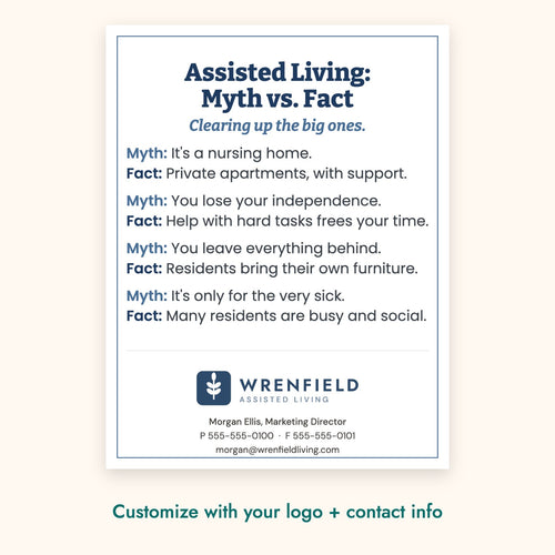 Assisted Living: Myth vs. Fact Education Card – front of card shown with a sample logo