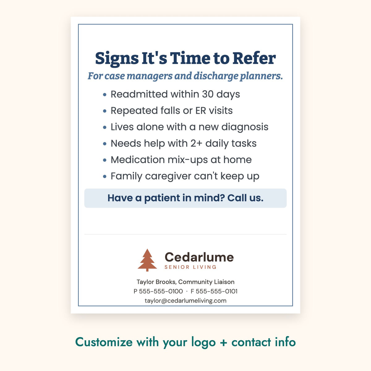 Signs It's Time to Refer Education Card – front of card shown with a sample logo
