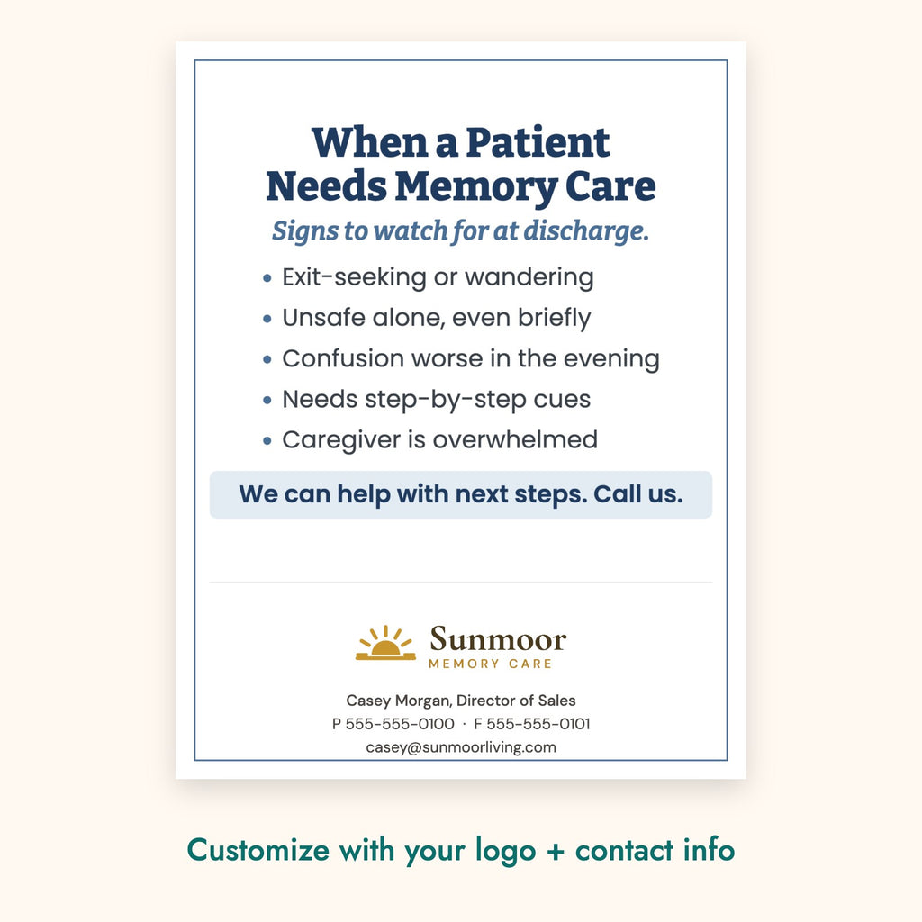 When a Patient Needs Memory Care Education Card – front of card shown with a sample logo