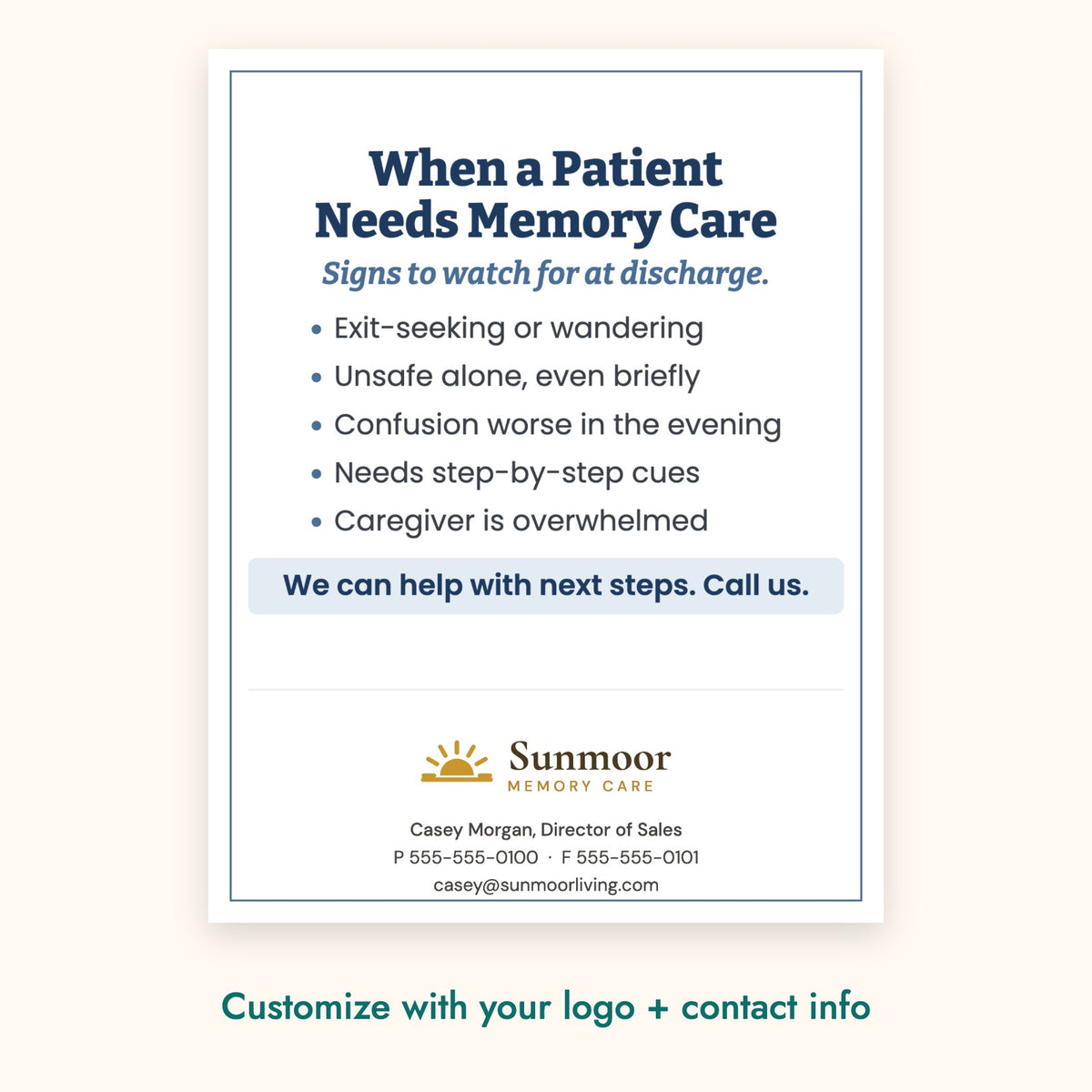 When a Patient Needs Memory Care Education Card – front of card shown with a sample logo