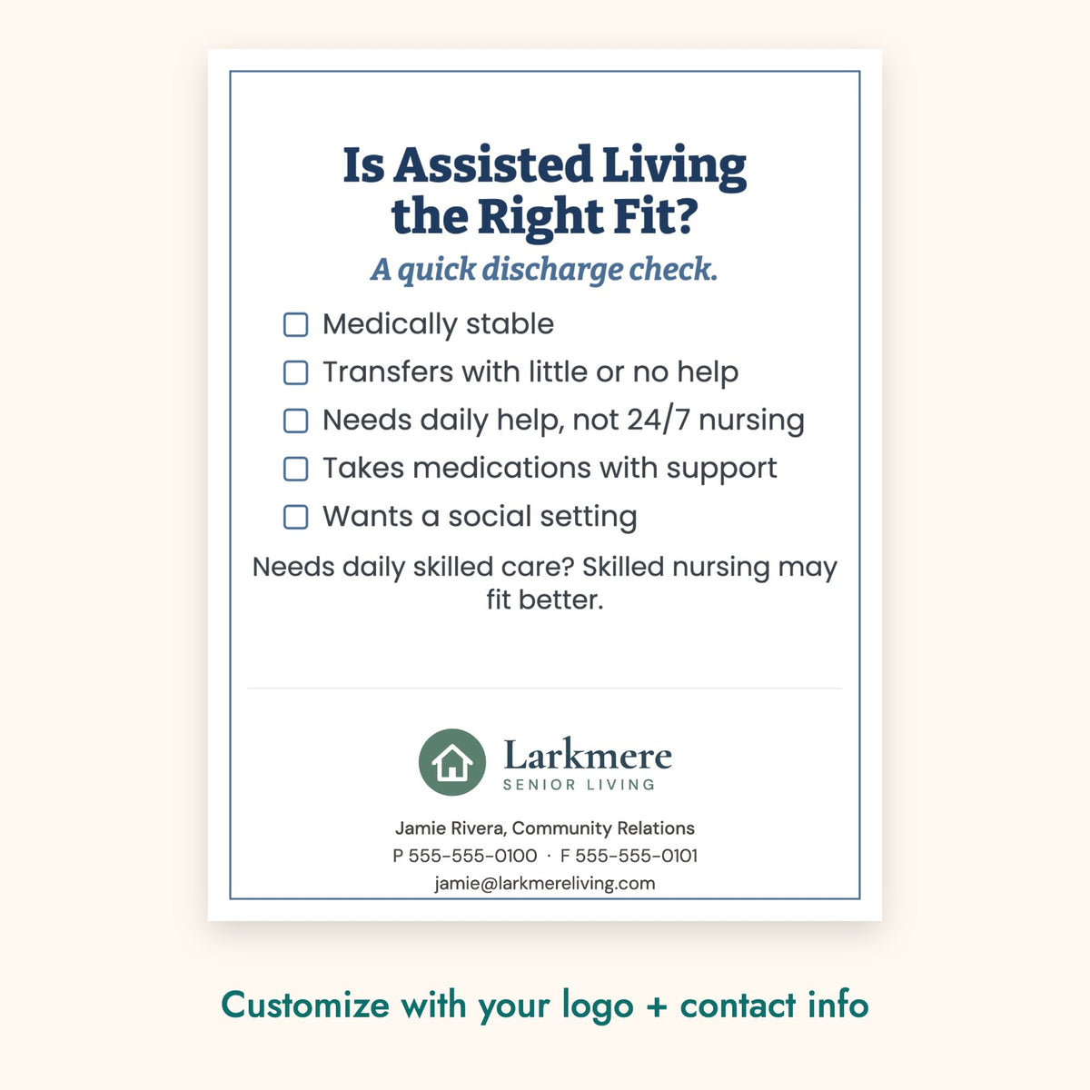 Is Assisted Living the Right Fit? Education Card – front of card shown with a sample logo
