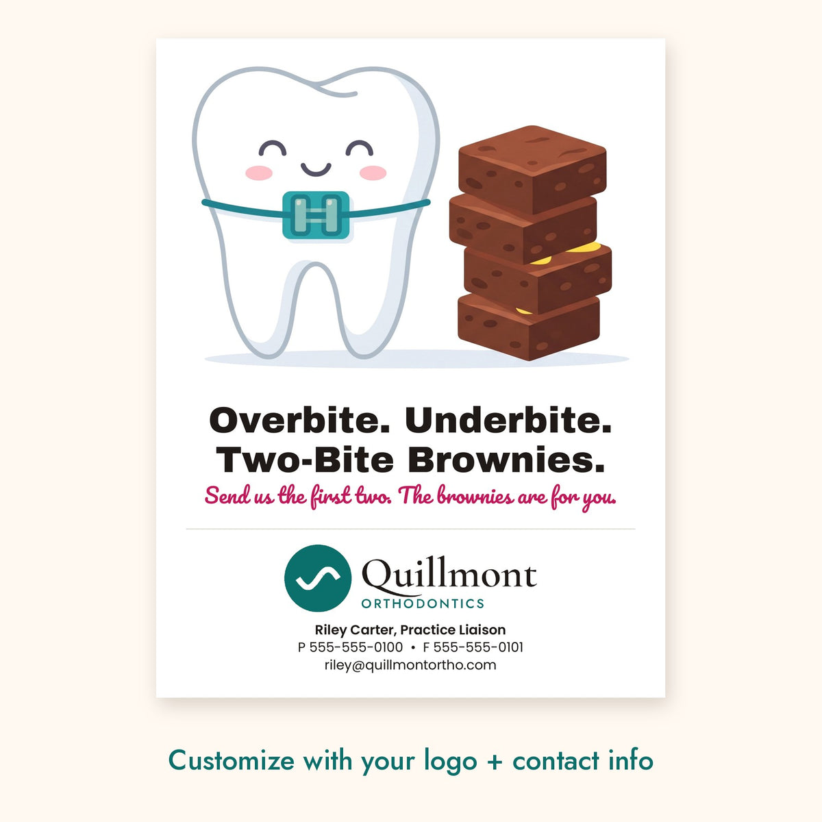 Overbite. Underbite. Two-Bite Brownies. Dental Pop-By Card – front of card shown with a sample logo