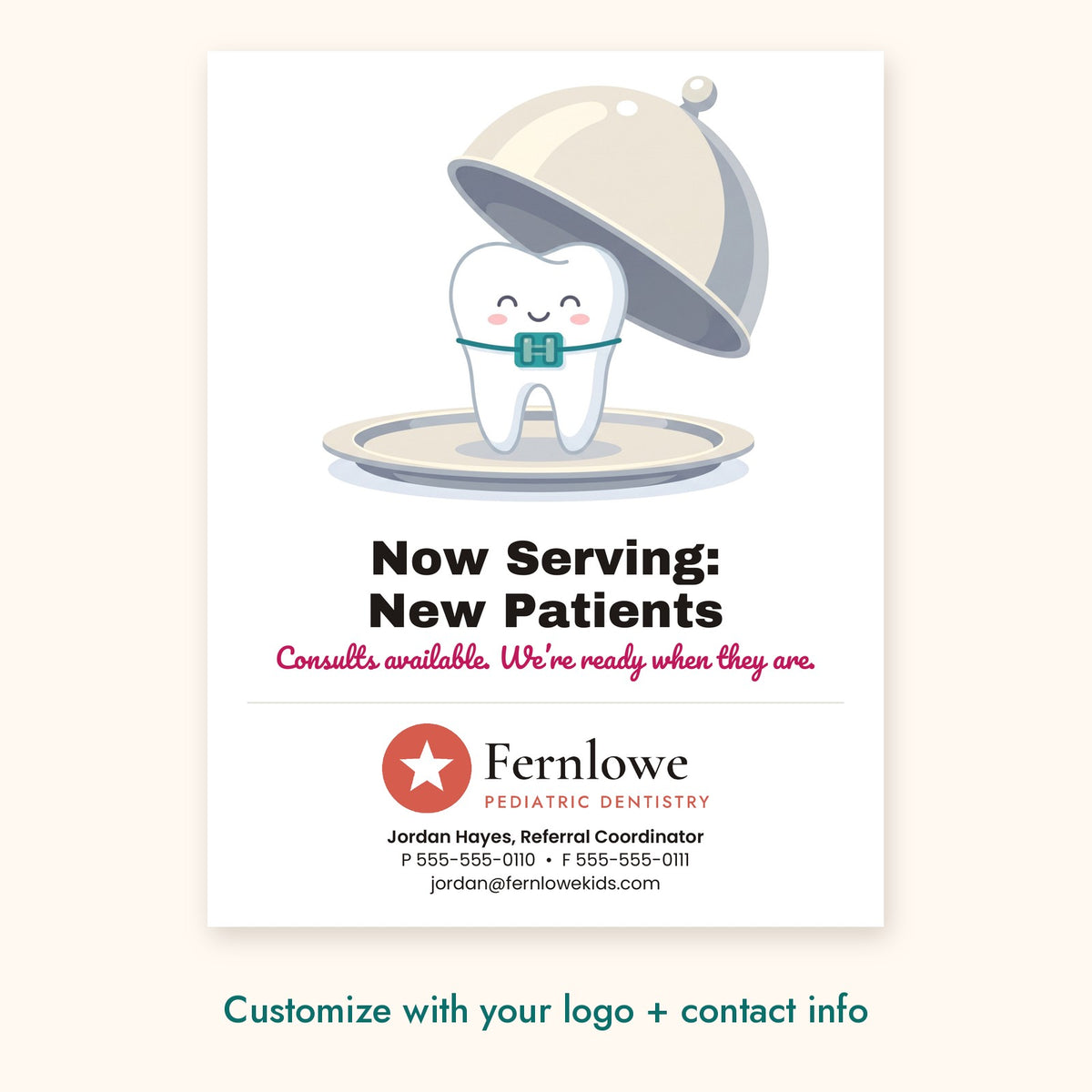 Now Serving: New Patients Dental Pop-By Card – front of card shown with a sample logo