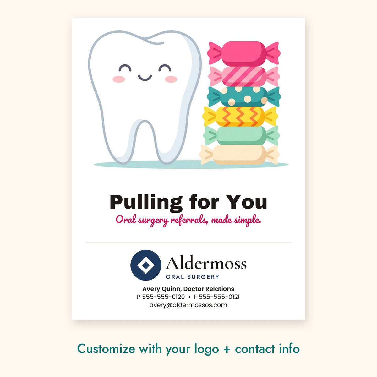 Pulling for You Dental Pop-By Card – front of card shown with a sample logo